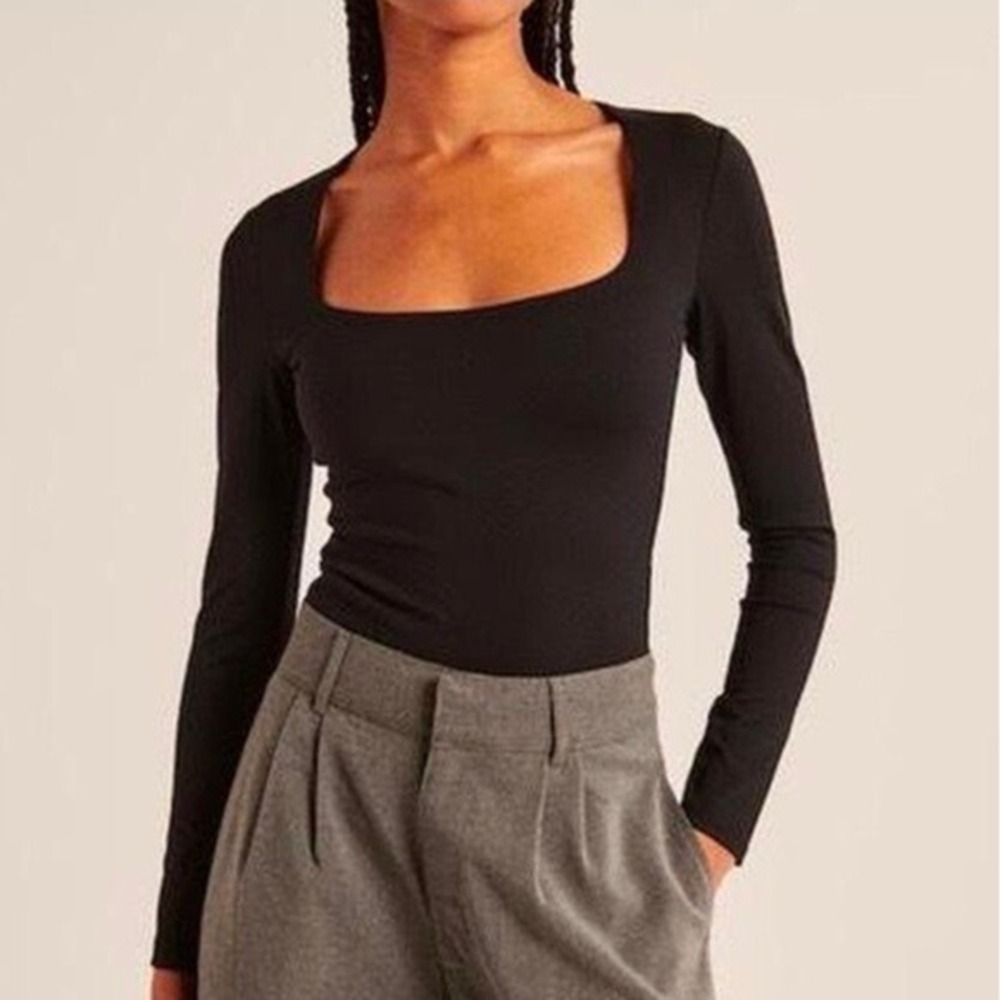 Abercrombie Fitch‎ Black Ribbed Square Neck Long Sleeve Sweater Bodysuit Size S